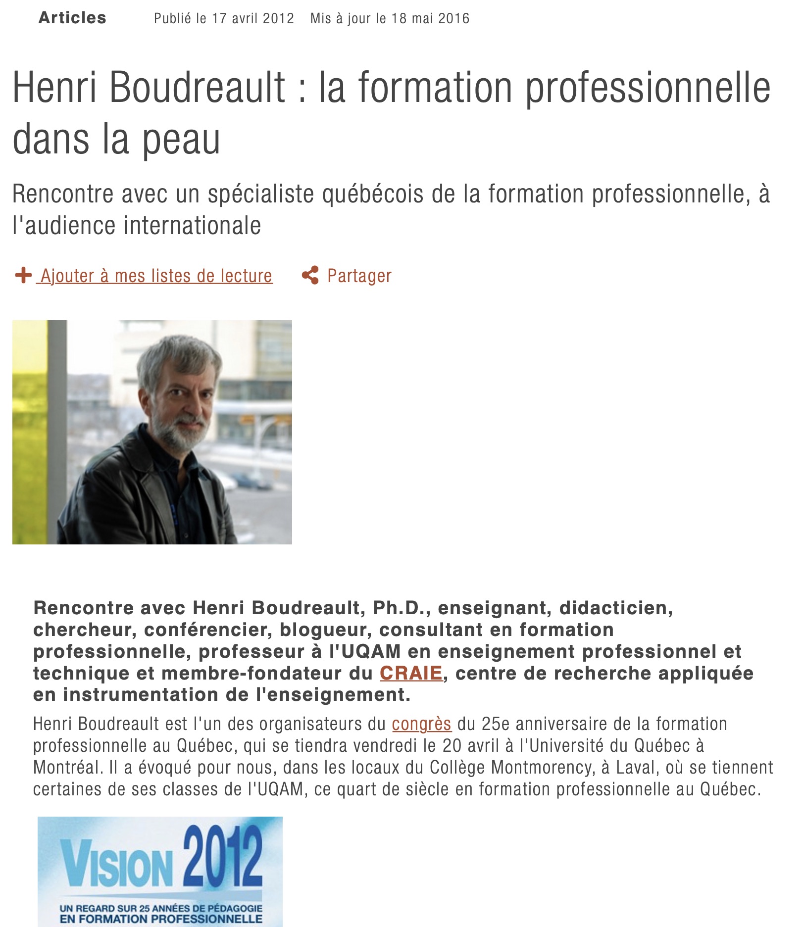 Henri Boudreault : LA FORMATION PROFESSIONNELLE DANS LA PEAU